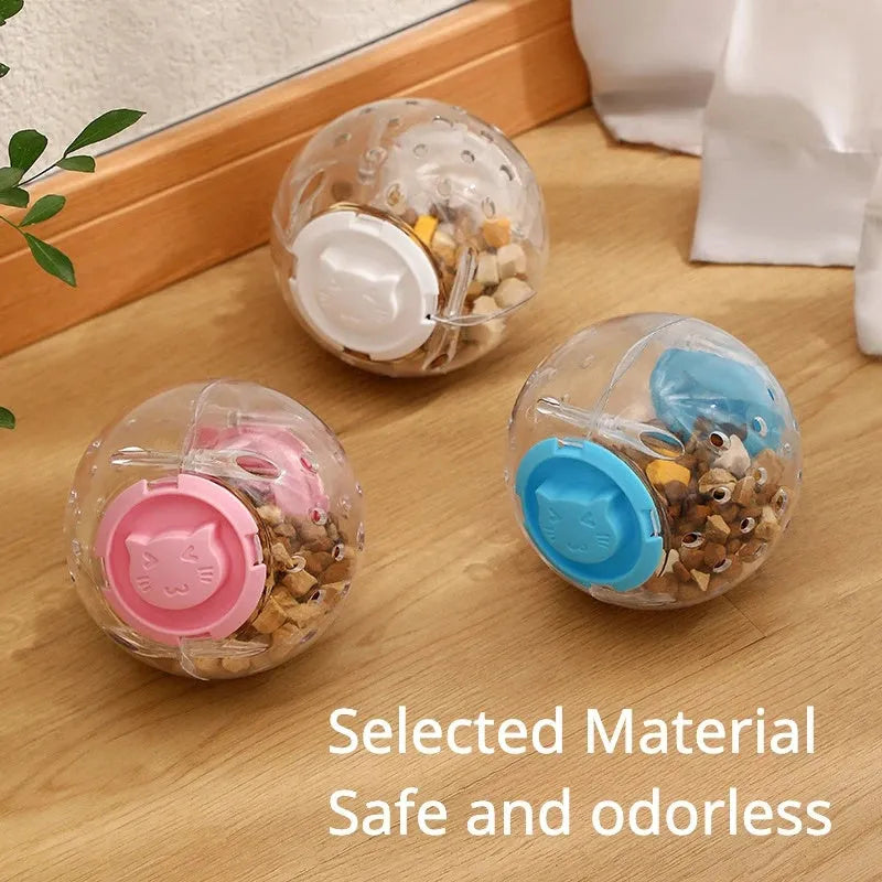 Blue pet slow feeder ball toy with food leakage holes on white background showing 11.5cm diameter