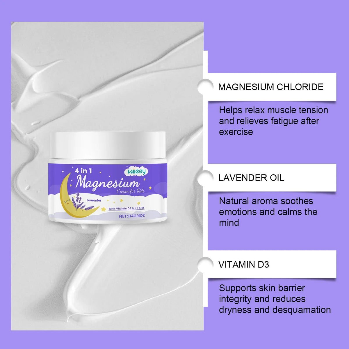 114g jar of children's magnesium cream with vitamin D3 and K2 in 4-in-1 formula