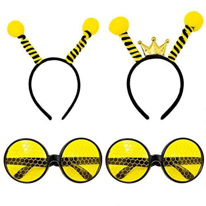 Yellow bee-themed party costume headband and glasses set on cloth material