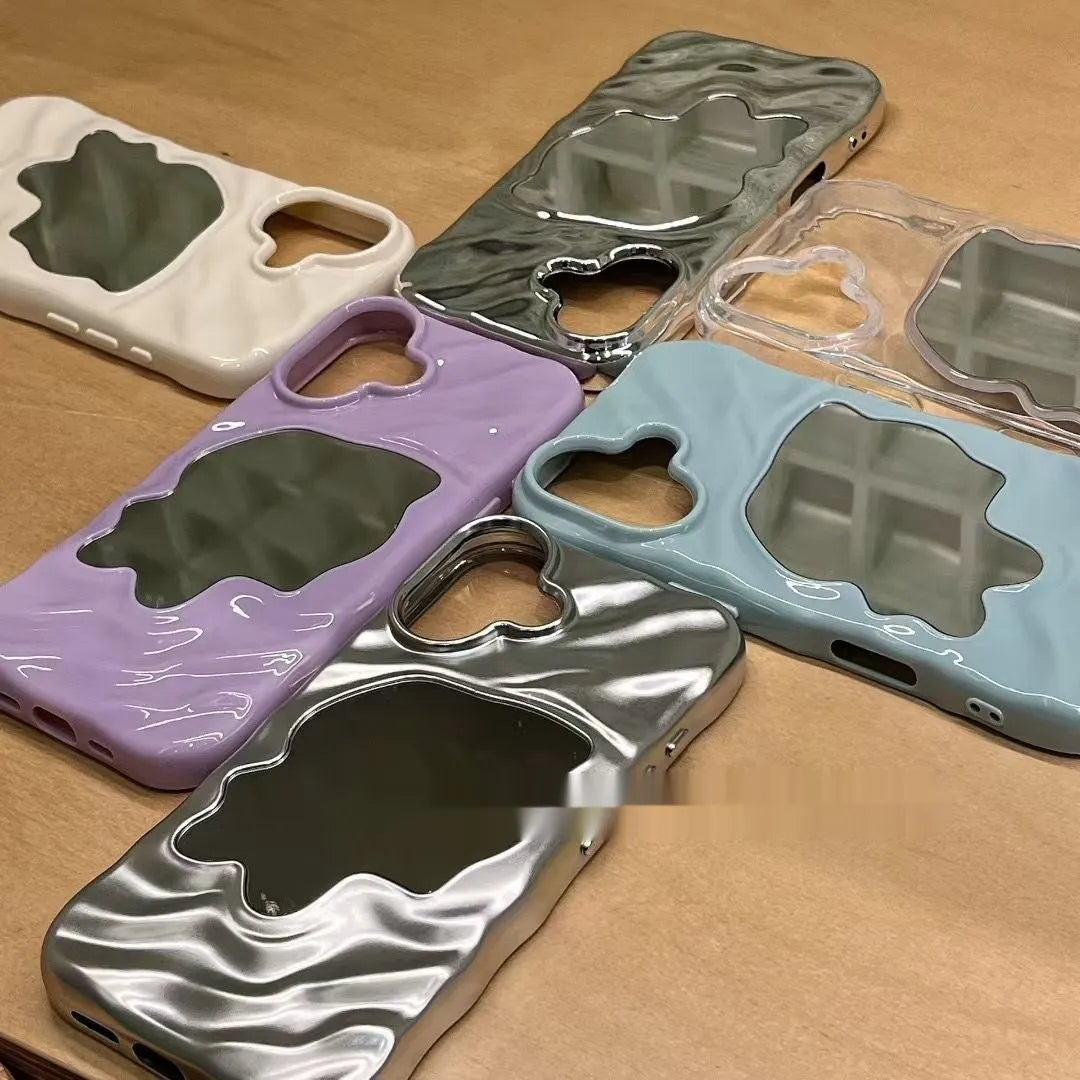 iPhone phone case with water ripple texture and a solid colour mirror back on a table