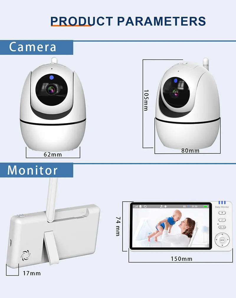 White HD wireless baby monitor with 5-inch screen showing baby room display