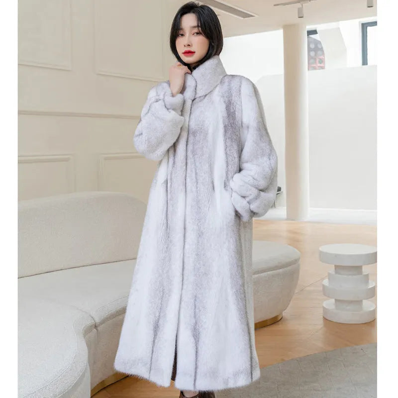 White women's faux fur coat with a stand-up collar, shown at 80cm length.