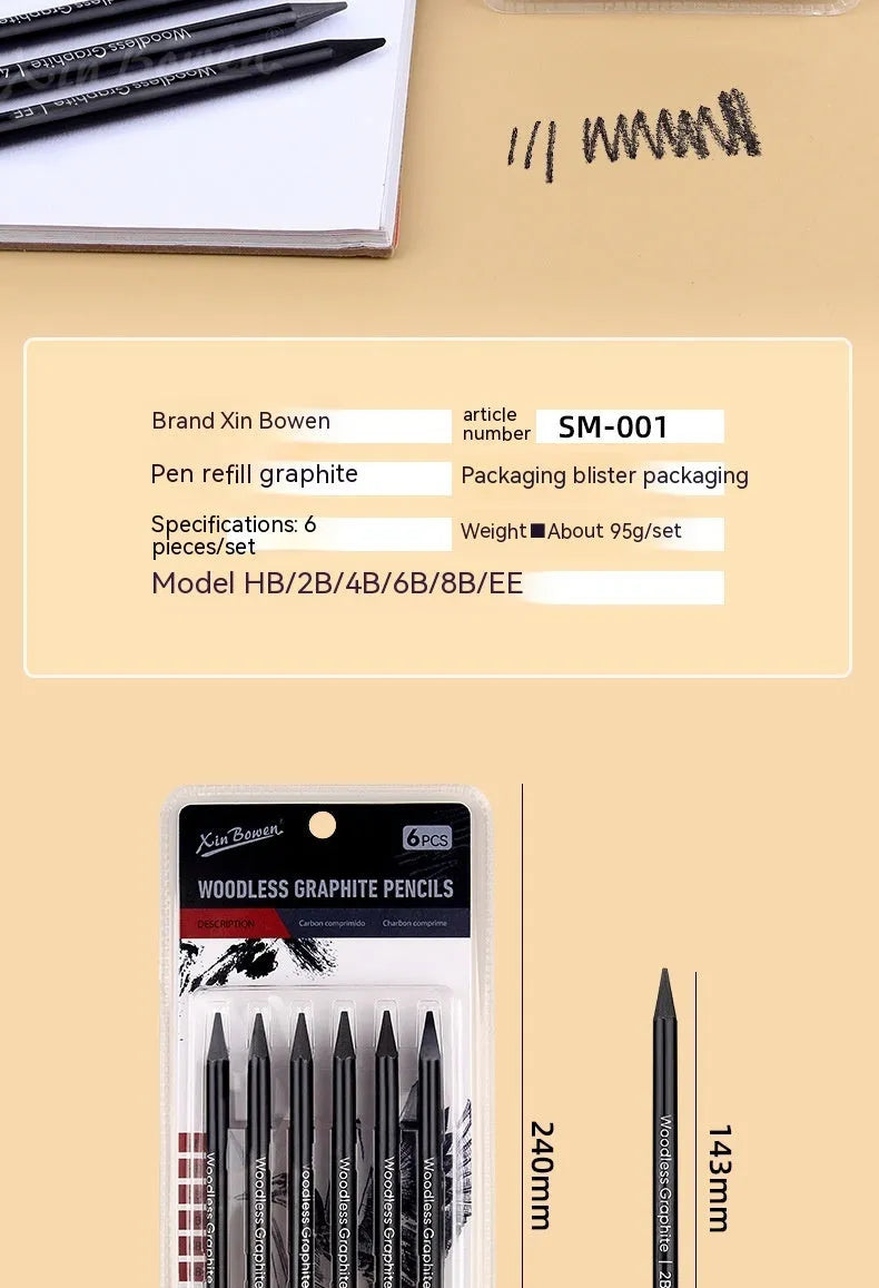 Six wood-free graphite sketching pencils showing different hardness grades HB 2B 4B 6B 8B EE