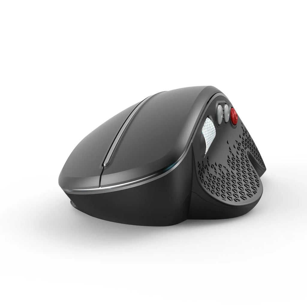 T32 wireless vertical ergonomic mouse in black matte texture showing aluminium side roller and vertical orientation.