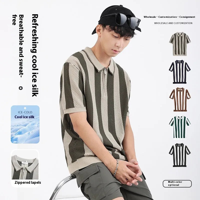 Man wearing a short sleeve striped ice silk viscose sweater with a decorative zip front.