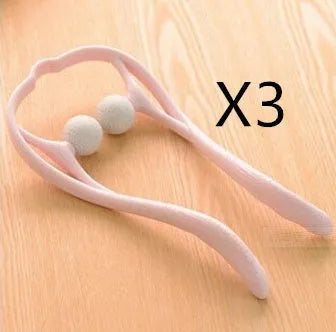 Blue plastic handheld neck massager with adjustable bracket and soft roller head on a white background.