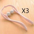 Blue plastic handheld neck massager with adjustable bracket and soft roller head on a white background.