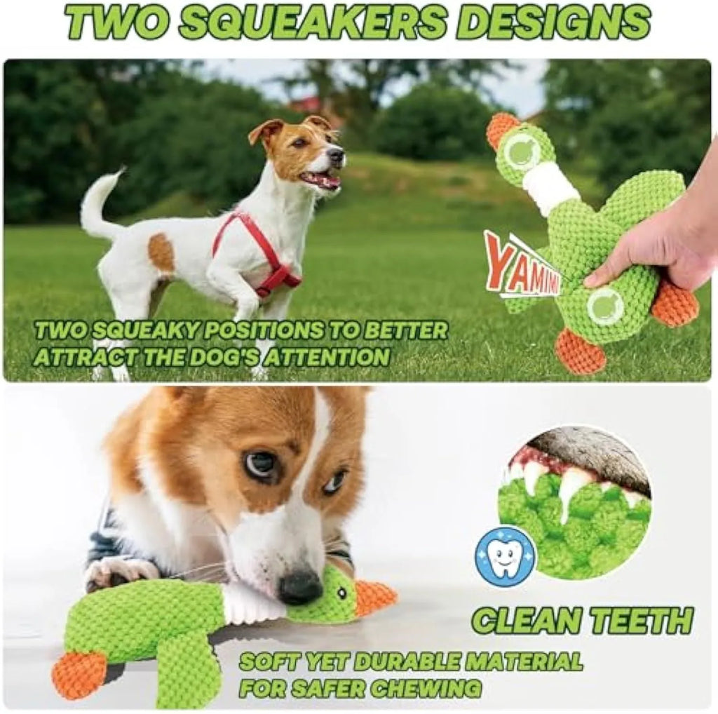 Blue duck-shaped dog plush toy with squeakers for chewing and play