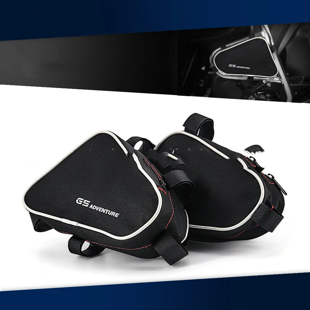 Black cloth motorcycle frame crash bar bag, 15cm x 10cm x 10cm storage pouch for bike frame mounting