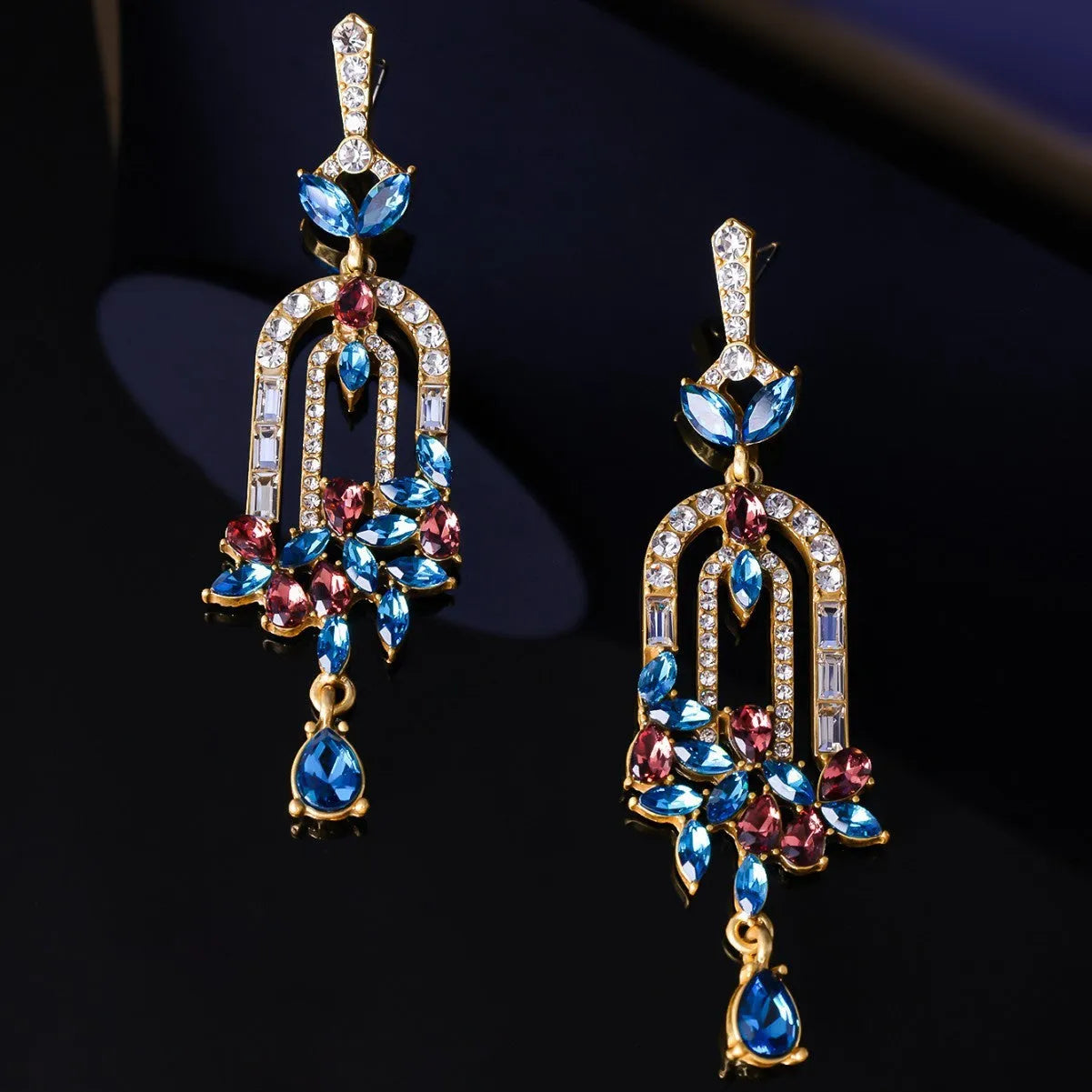 Alloy flower cluster tassel earrings 8.5cm women's drop earrings blue green Chinese style