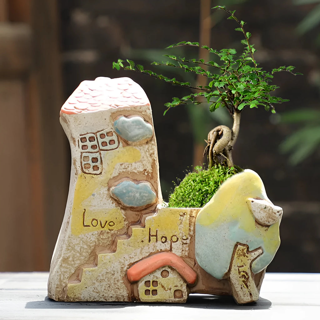 Hand-painted ceramic large caliber flower pot with cute pastoral design