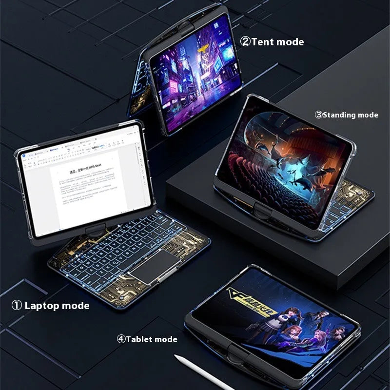 360 swivel iPad keyboard case with transparent backplate and telescopic pen slot in black colour option