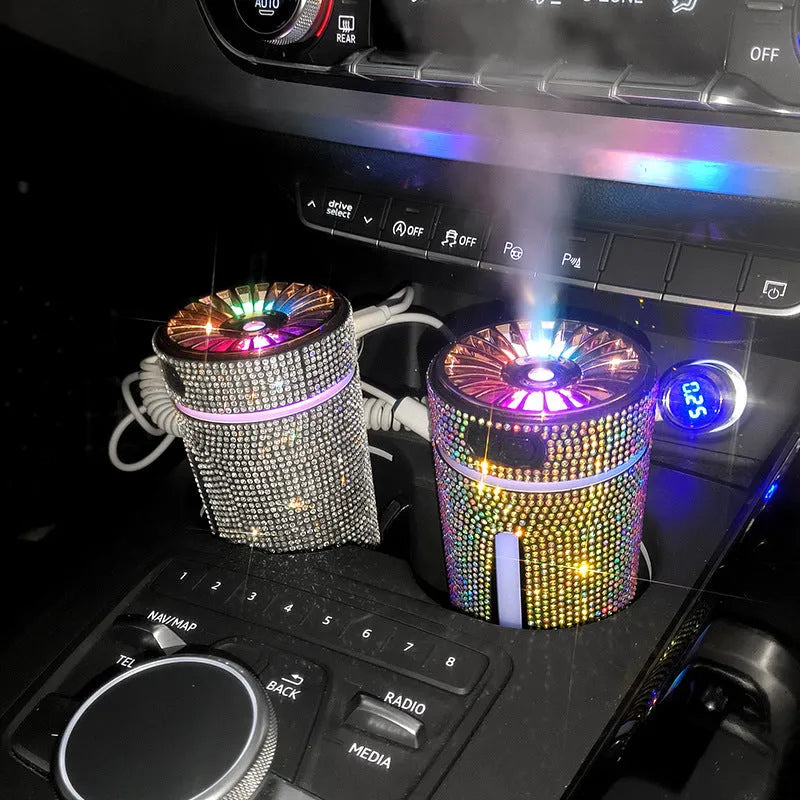 Diamond car humidifier with LED light, USB powered, 15x7x7cm, colourful mist diffuser