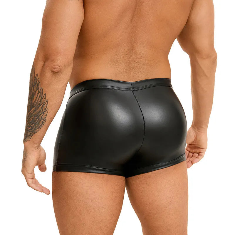 Black PU leather men's U-pouch shorts showing front design and leather-like appearance