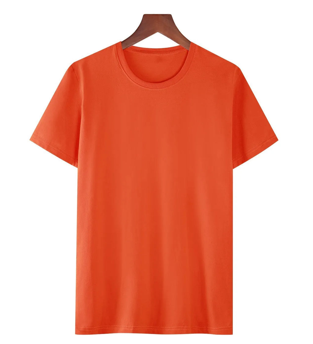 Men's loose fit black cotton T-shirt with short sleeves on a hanger.