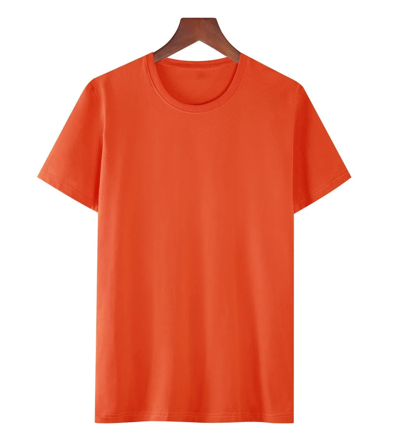 Men's loose fit black cotton T-shirt with short sleeves on a hanger.