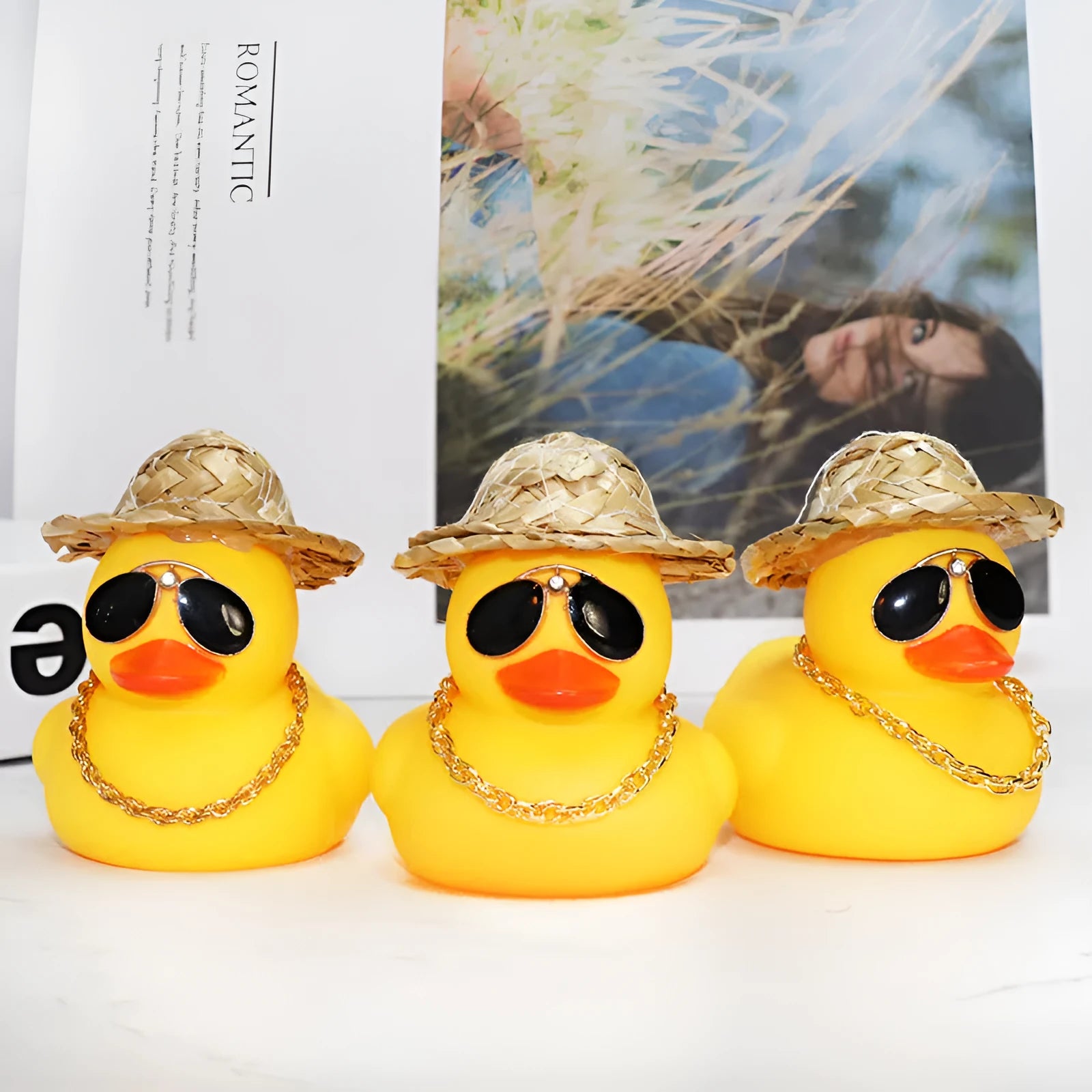 Yellow cartoon duck with straw hat car dashboard ornament with base glue and sunglasses necklace