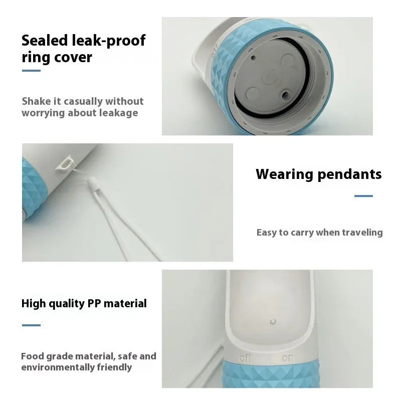 Portable dog water cup with one-click lock, food-grade ABS material, blue colour, outdoor pet travel water dispenser