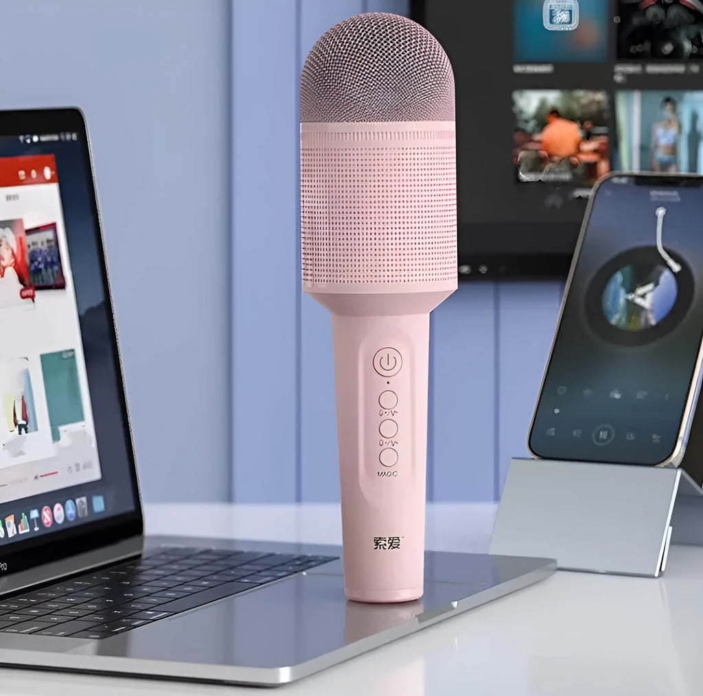 Wireless Bluetooth karaoke microphone in pink, blue, or green colour.