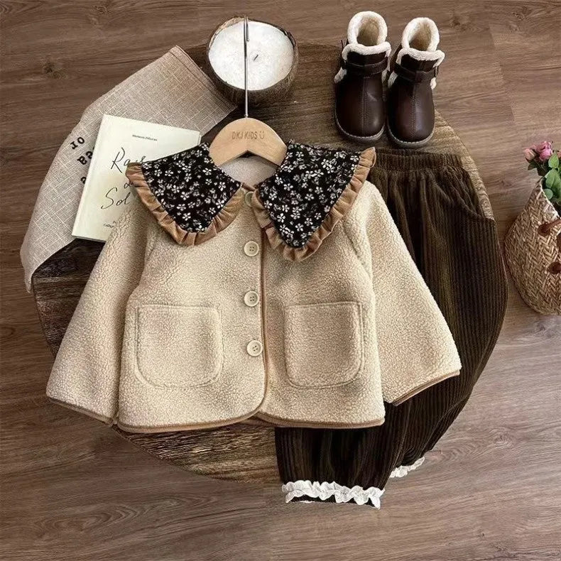 Khaki Mori style girls' fleece-lined coat with long sleeves and thickened polyester for winter