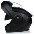 Matte black full face motorcycle helmet with black mirror visor showing ABS construction and multiple sizing options