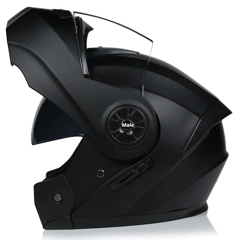 Matte black full face motorcycle helmet with black mirror visor showing ABS construction and multiple sizing options