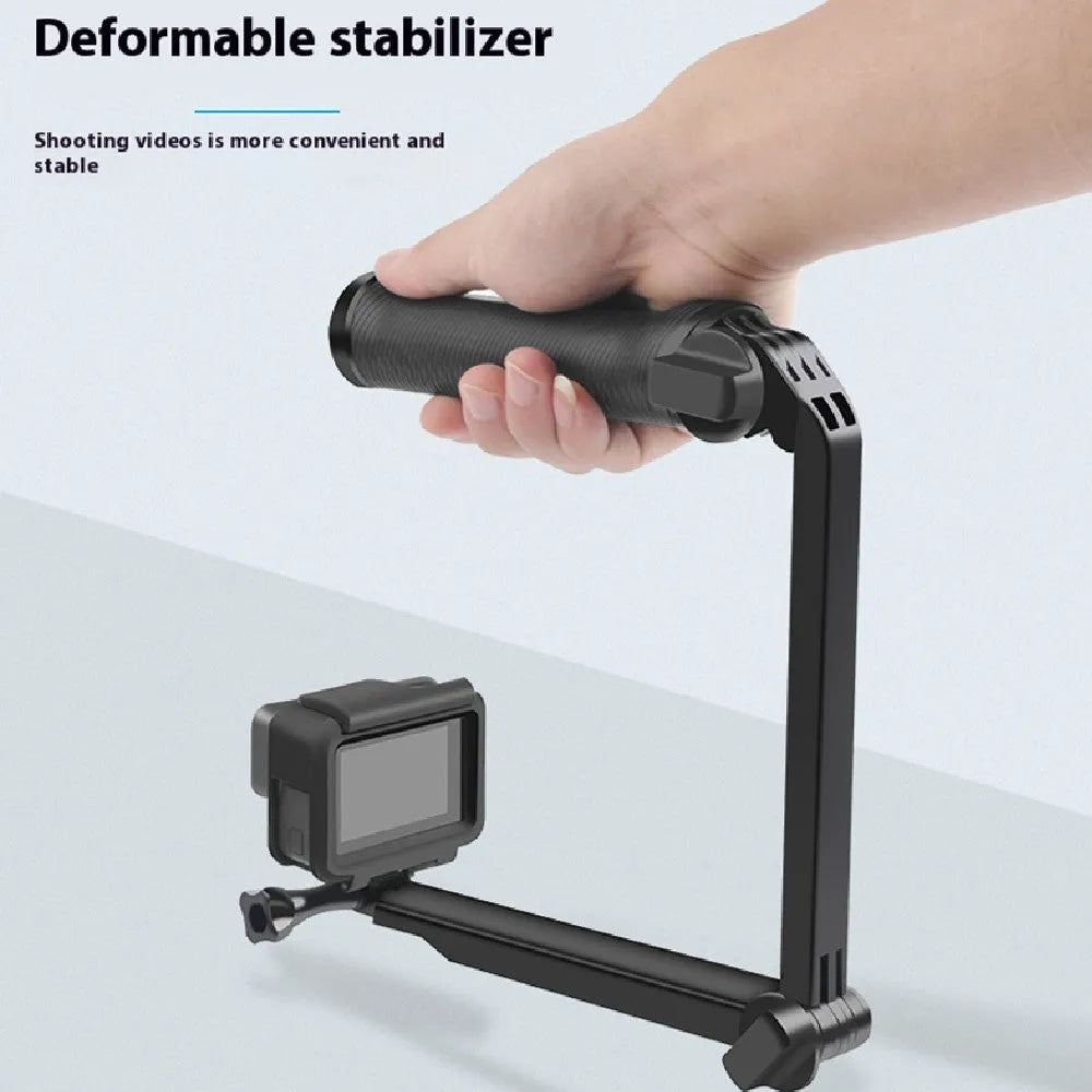 Black portable folding tripod bracket for GoPro Hero action cameras shown in open and closed positions