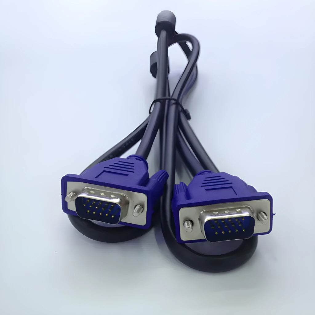Black VGA cable with blue moulded heads measuring 1.5 metres for computer monitor connections