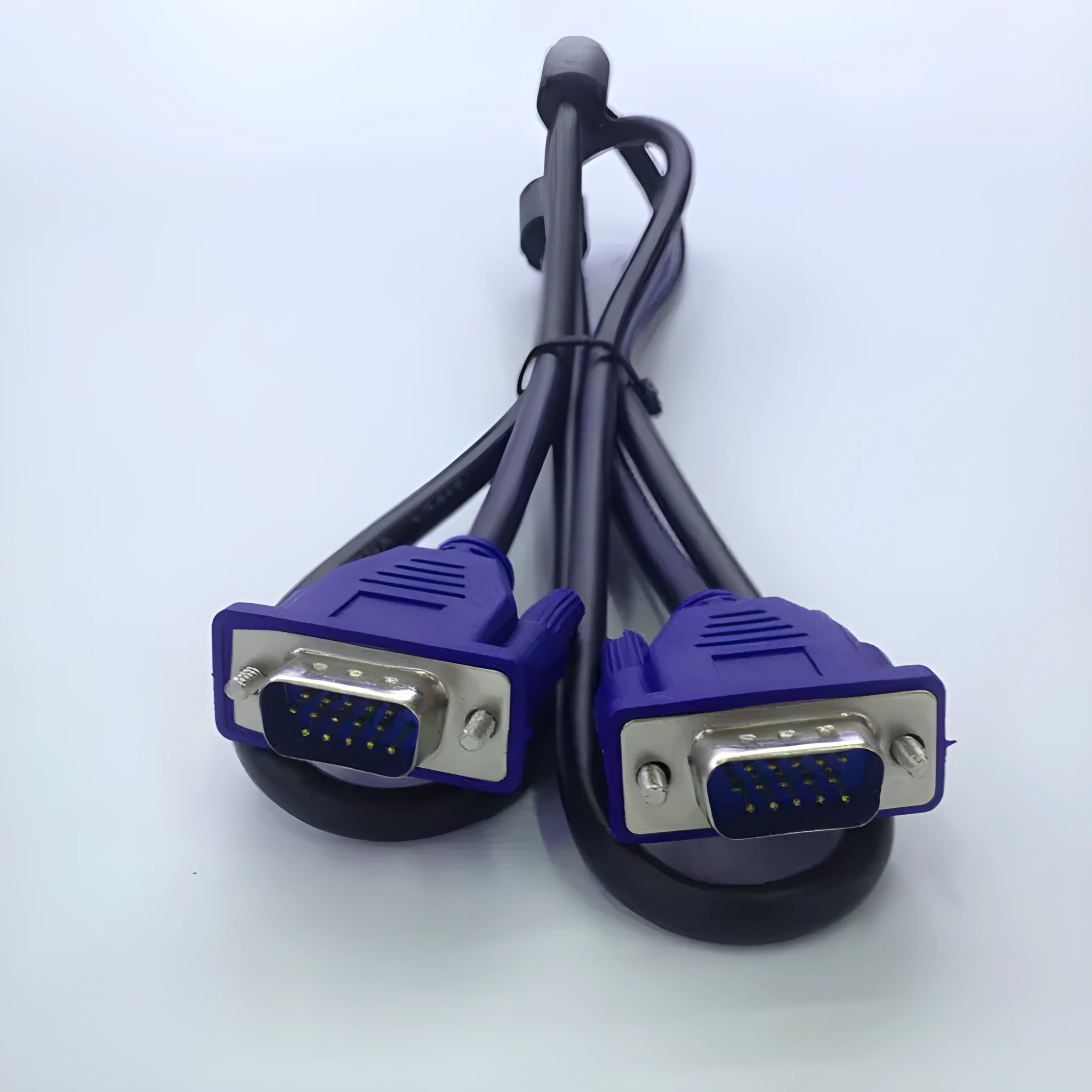 Black VGA cable with blue moulded heads measuring 1.5 metres for computer monitor connections