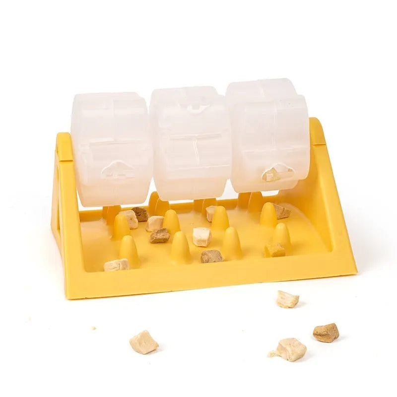 Automatic pet feeder slow food trainer for dogs and cats, interactive puzzle toy in yellow, green, pink