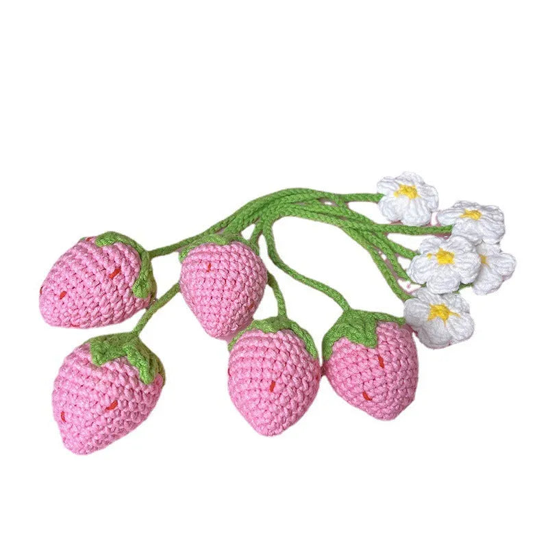 Hand-crocheted wool strawberry pendant necklace on 35cm chain in red colour