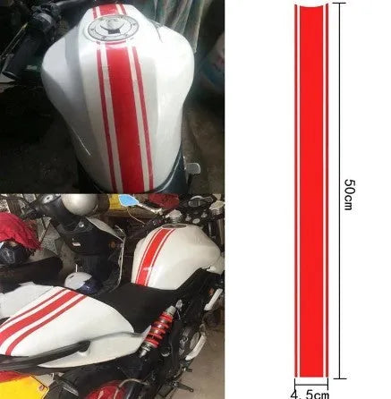 Motorcycle gas tank pinstripe sticker measuring 50cm long by 4.5cm wide in reflective PET vinyl
