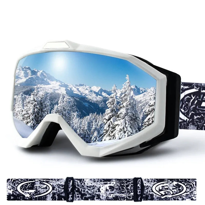 Motorcycle goggles with TPU frame and double-layer lens in assorted colours on a storage cloth bag.