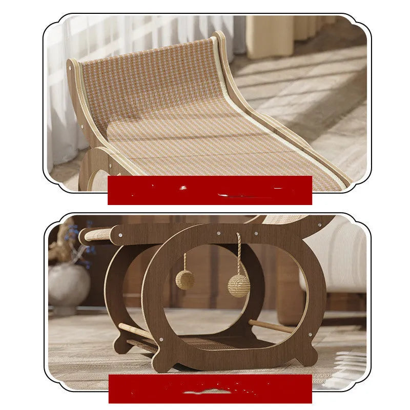 Solid wood cat scratching mat with sisal surface in walnut colour, also used as a cat bed.