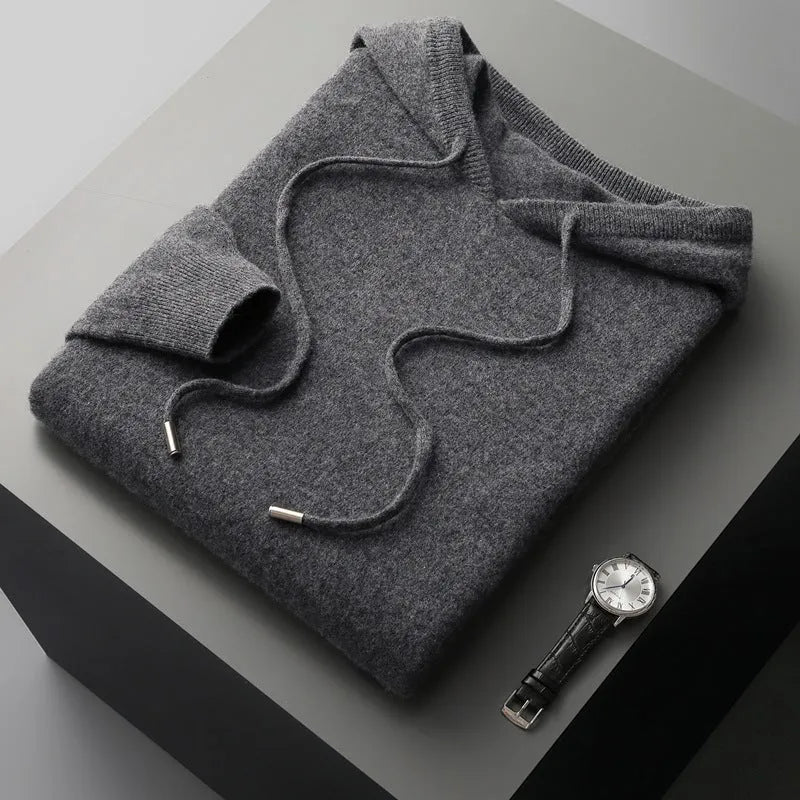 Men's pure wool two-piece set with seamless hoodie and drawstring knitted pants in black, dark grey or light grey
