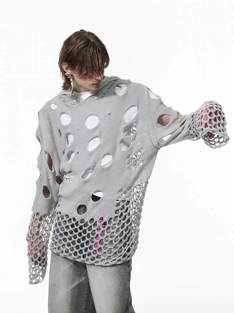 Black men's hollow knit hoodie with pearl decoration on the chest, loose fit.