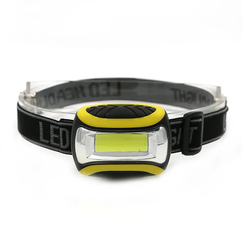 Yellow plastic headlamp with three speed settings and COB LED light for outdoor use.