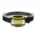 Yellow plastic headlamp with three speed settings and COB LED light for outdoor use.
