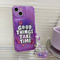 Purple graffiti English love design iPhone case with attached chain bracelet and pendant