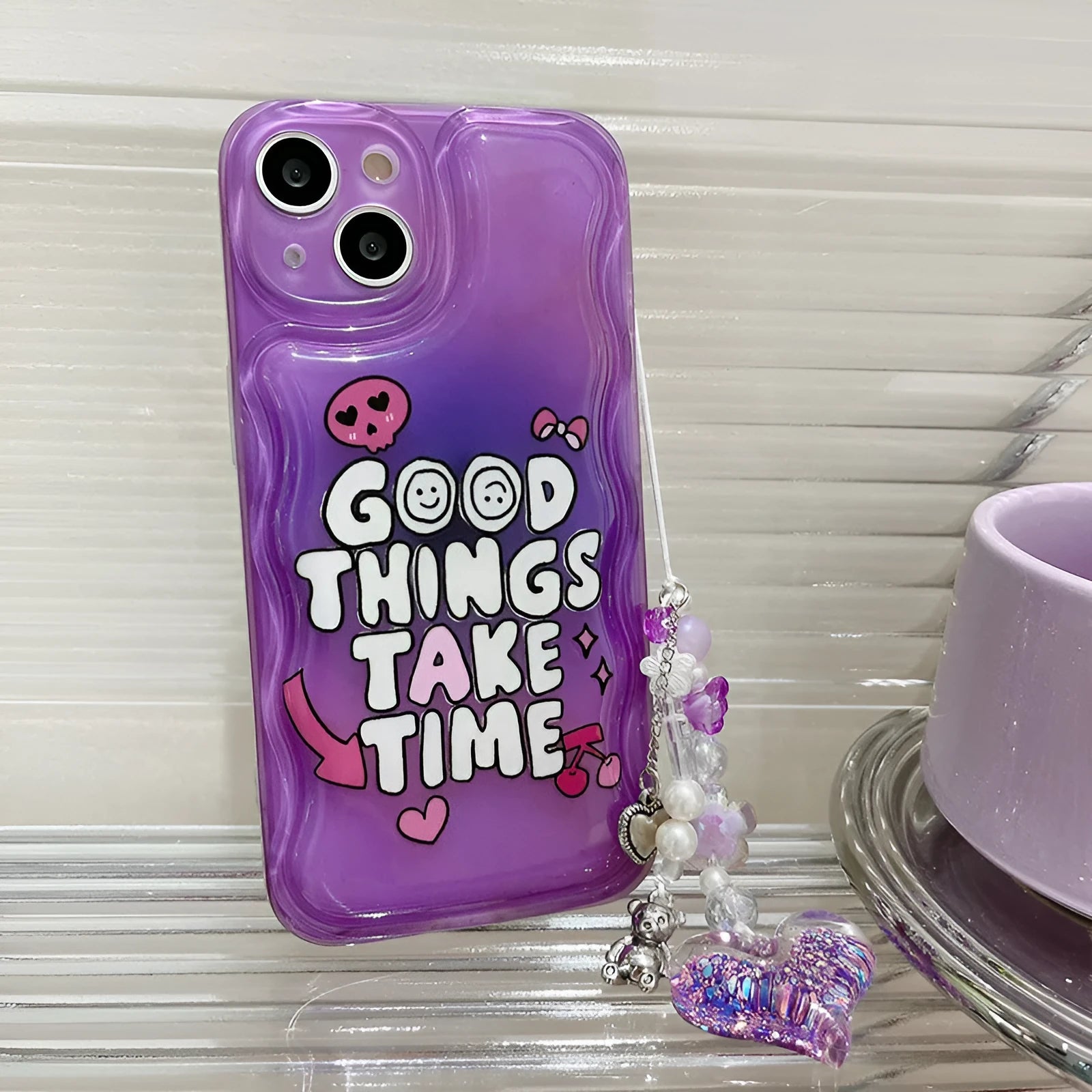 Purple graffiti English love design iPhone case with attached chain bracelet and pendant
