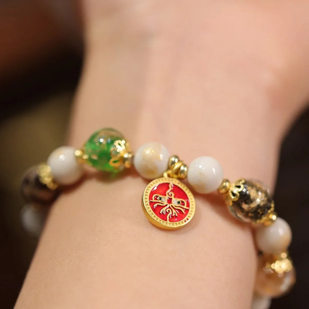 Handmade Five Gods of Wealth glazed porcelain bracelet with 10mm geometric beads