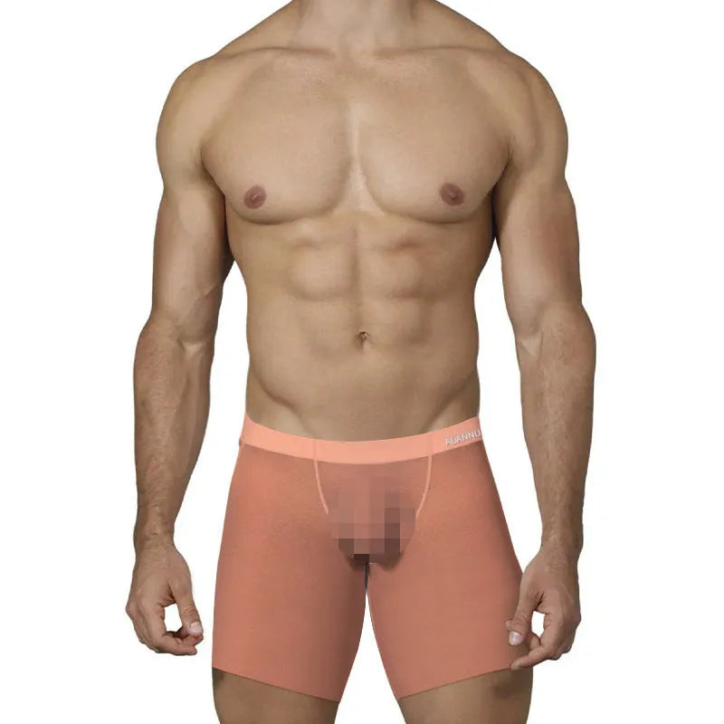 Men's breathable ice silk boxers in solid orange, pink, and red colours with low-waist design
