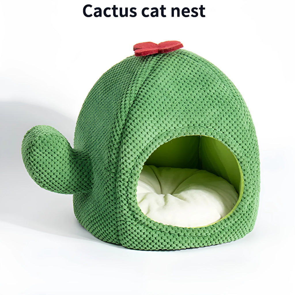 Green cactus-shaped enclosed cat bed with cave design for kittens and small dogs
