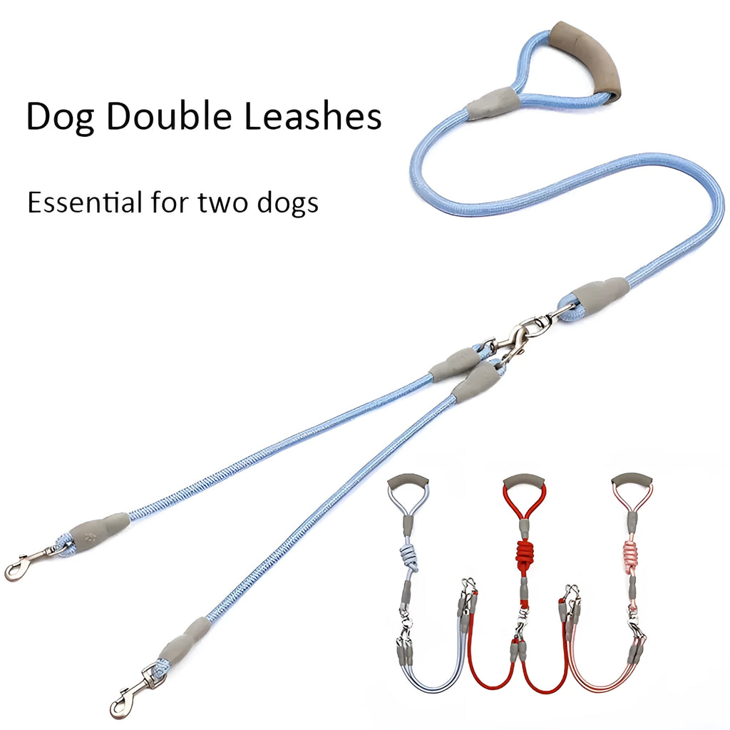 Double dog leash for two dogs with nylon rope and soft foam handle in blue colour