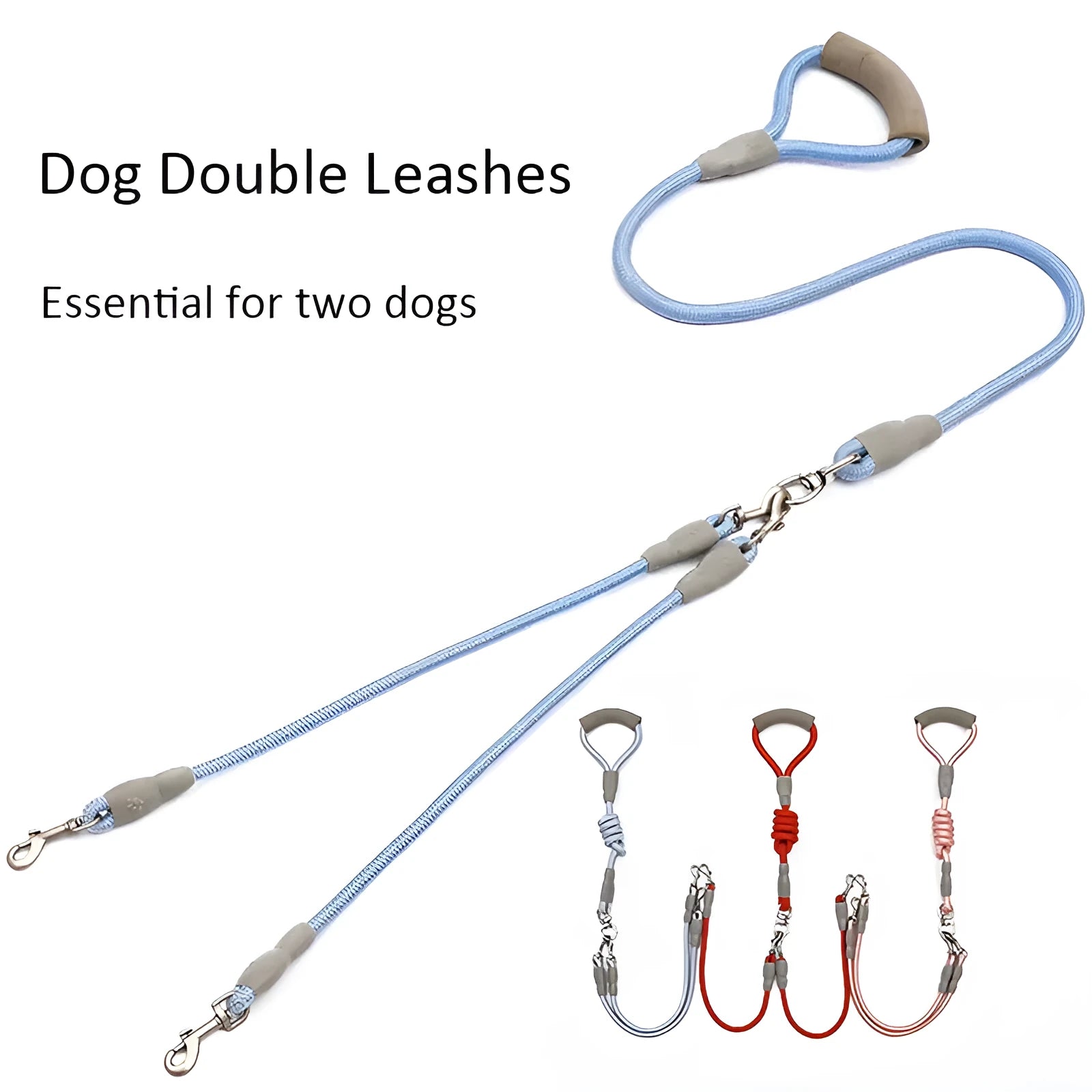 Double dog leash for two dogs with nylon rope and soft foam handle in blue colour