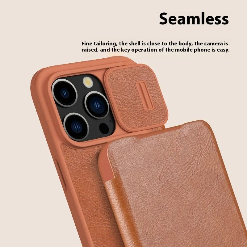 Imitation leather flip phone case for iPhone, shown in black, brown, and red colour options.