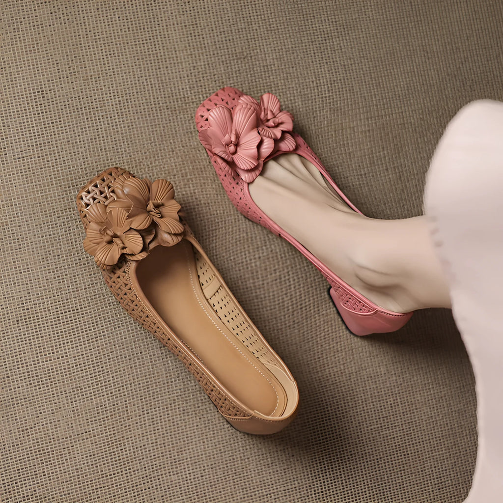 Women's light brown woven leather pumps with hollow pattern and mid-heel
