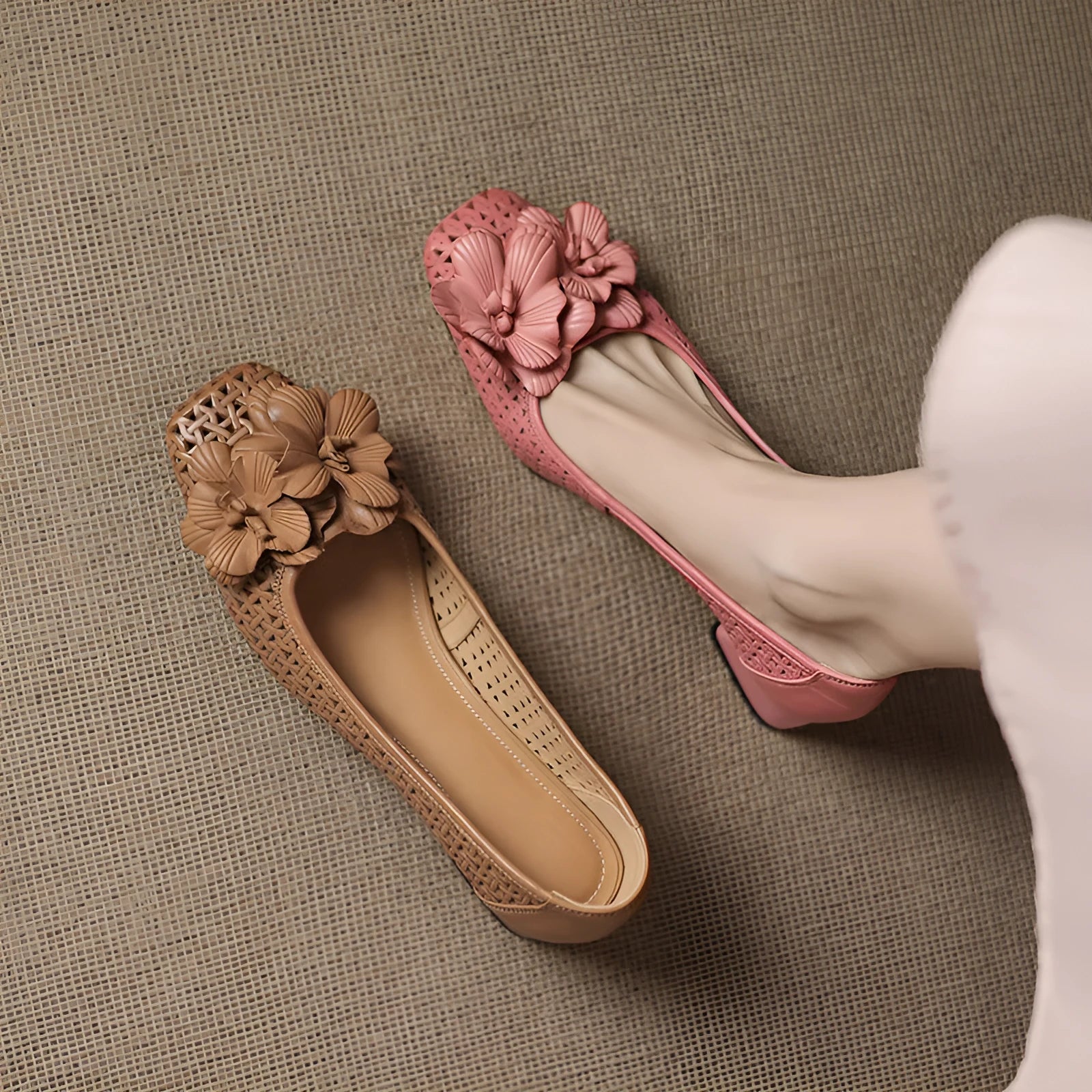 Women's light brown woven leather pumps with hollow pattern and mid-heel