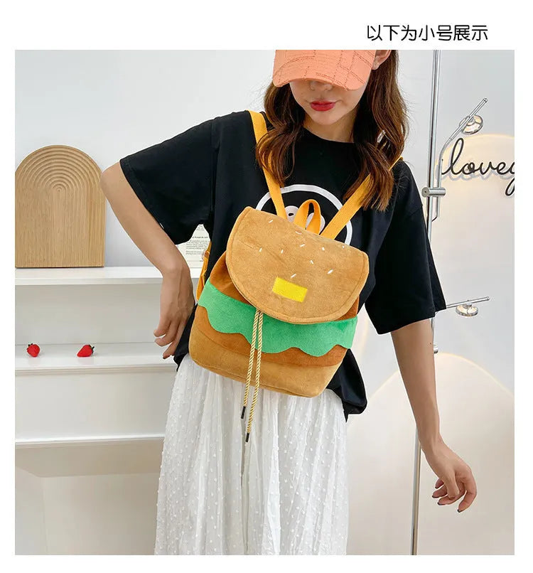 Cute hamburger plush backpack in soft velvet with drawstring closure, cartoon burger design