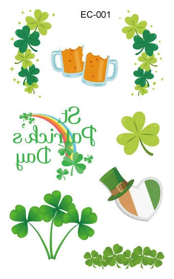 Paper tattoo sticker with green clover design for St. Patrick's Day, showing 120x75mm size.
